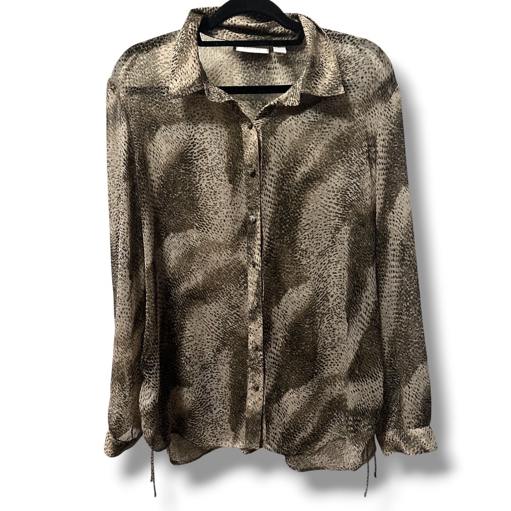 Chicos Animal Print Button Down Blouse Top Long Sleeve Brown 2 Large Old Money